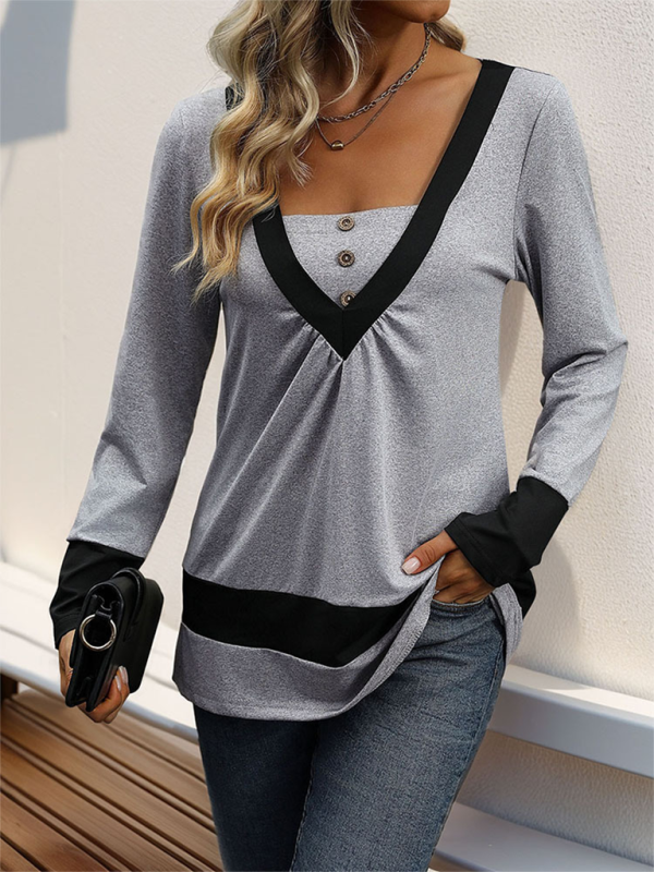 New simple solid color long-sleeved T-shirt color matching contrast casual home tops Misty grey