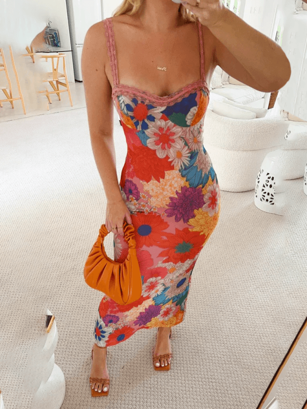 New Fashion Casual One-shoulder Flower Printed Suspender Dress Orange Red