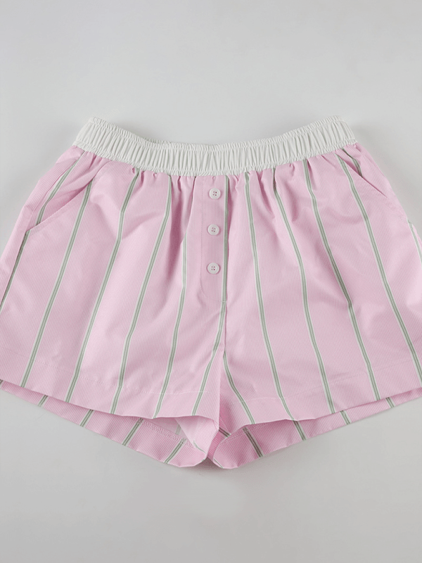 New casual elastic waist loose sports straight home striped shorts Pink