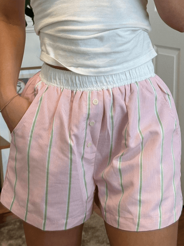 New casual elastic waist loose sports straight home striped shorts Pink