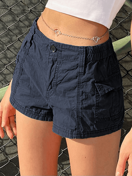 New hot girl street retro distressed low waist asymmetric pocket workwear casual shorts Blue