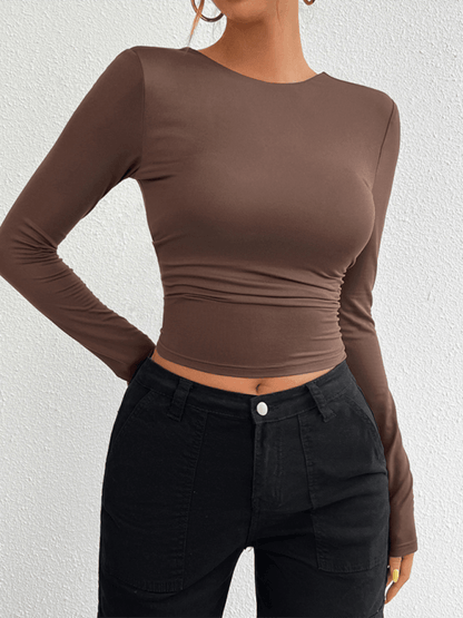 Slim Fit Open Back Crew Neck Knit Long Sleeve Top Coffee