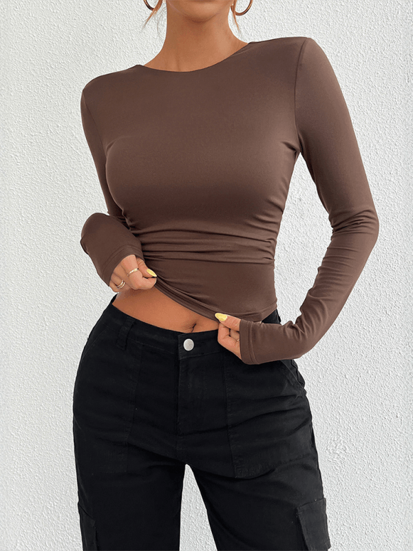 Slim Fit Open Back Crew Neck Knit Long Sleeve Top Coffee