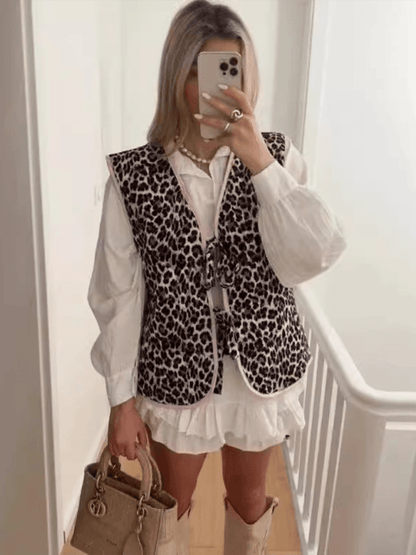 Ladies new casual leopard print bow tie vest Leopard