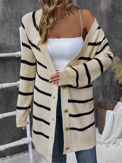 Casual all-match striped sweater Cracker khaki