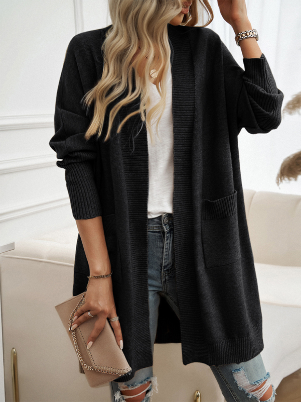 Batwing Sleeve Cardigan Solid Color Sweater Jacket Black