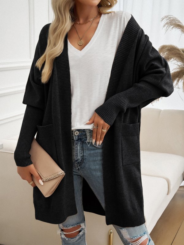 Batwing Sleeve Cardigan Solid Color Sweater Jacket Black