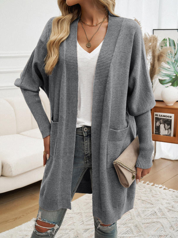 Batwing Sleeve Cardigan Solid Color Sweater Jacket Grey