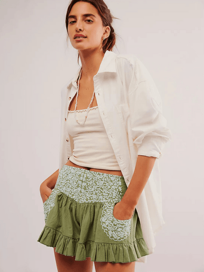 Ruffled Low Rise Embroidered Ruffle Pocket Shorts Olive green