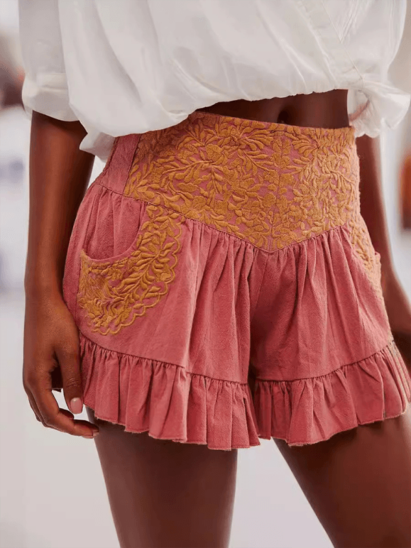 Ruffled Low Rise Embroidered Ruffle Pocket Shorts Brick red