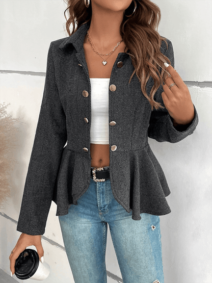 Lapel Jacquard Ruffle Double Breasted Blazer Black