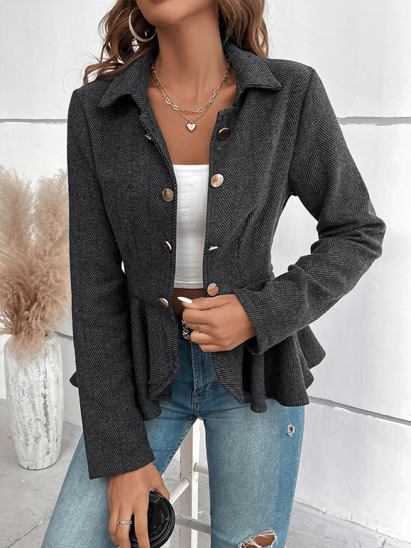 Lapel Jacquard Ruffle Double Breasted Blazer Black