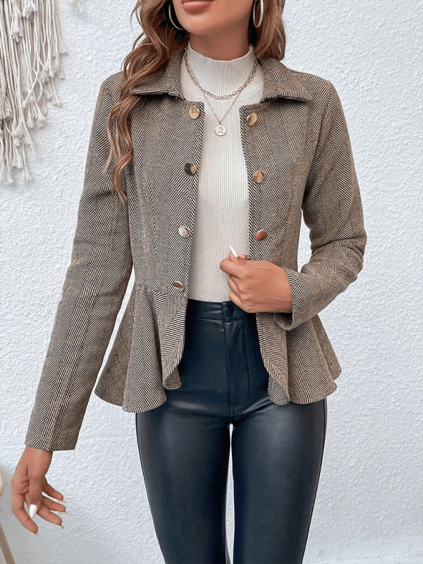 Lapel Jacquard Ruffle Double Breasted Blazer Camel