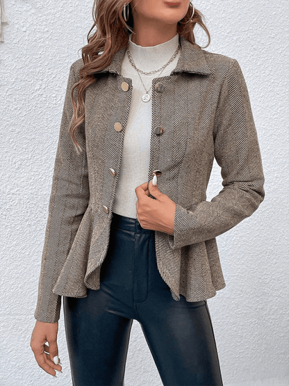 Lapel Jacquard Ruffle Double Breasted Blazer Camel