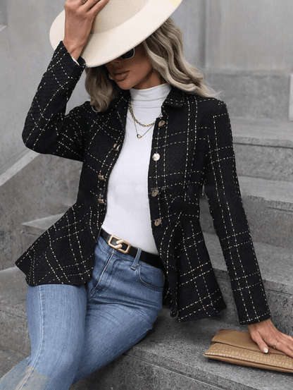 Lapel Jacquard Ruffle Double Breasted Blazer Golden