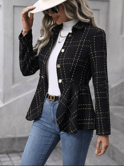 Lapel Jacquard Ruffle Double Breasted Blazer Golden