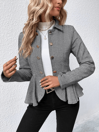 Lapel Jacquard Ruffle Double Breasted Blazer Grey