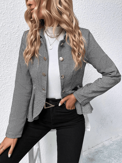 Lapel Jacquard Ruffle Double Breasted Blazer Grey