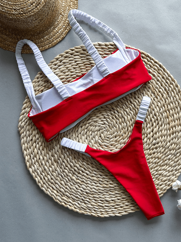 Sexy contrast color stitching two-piece swimsuit Red