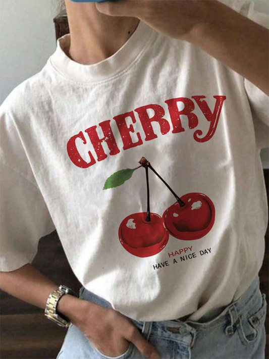 Oversized cherry print casual simple loose versatile white round neck short-sleeved T-shirt White