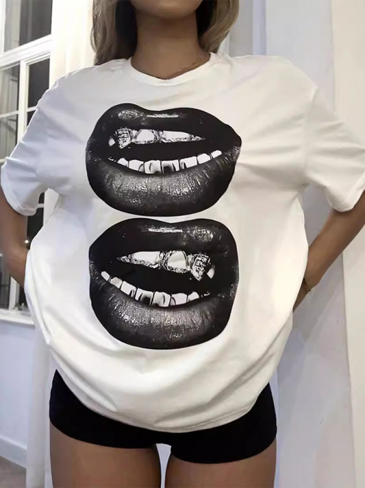 New Fashion Lip Printed Round Neck Short Sleeve T-Shirt White