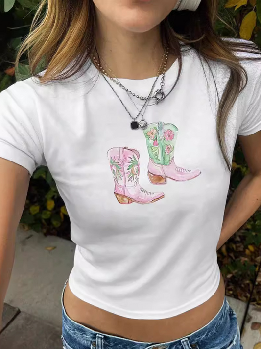 Y2K Boots Print Short Fashion Hot Girls T-Shirt White