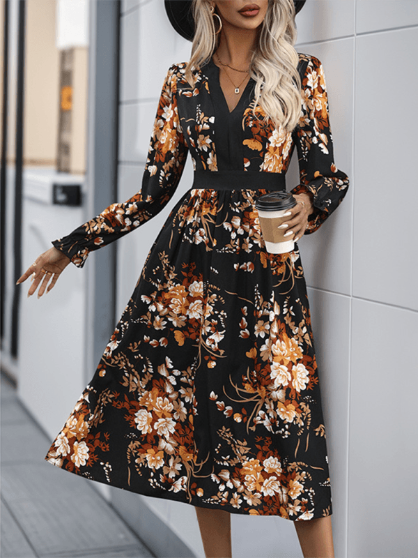 Fashion Printed Midi Fall Dress Black