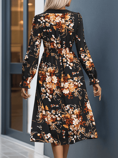 Fashion Printed Midi Fall Dress Black