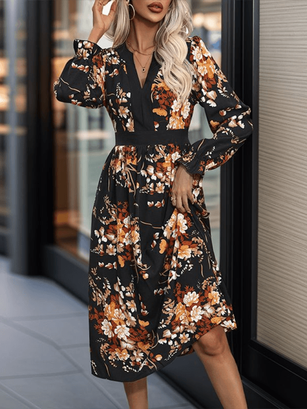 Fashion Printed Midi Fall Dress Black