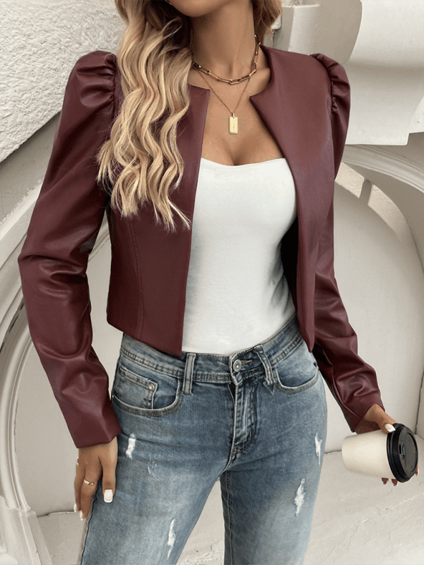 Casual cardigan solid color leather jacket Brown