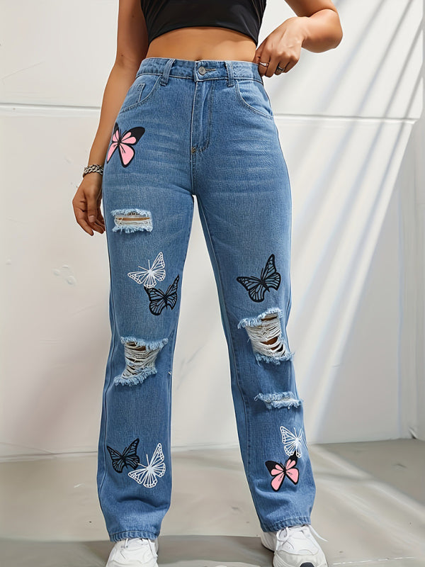 Butterfly Printed Ripped Fashion Straight High Waist Contrast Denim Pants