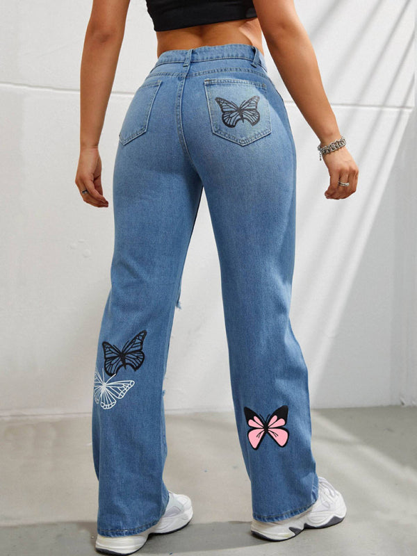 Butterfly Printed Ripped Fashion Straight High Waist Contrast Denim Pants