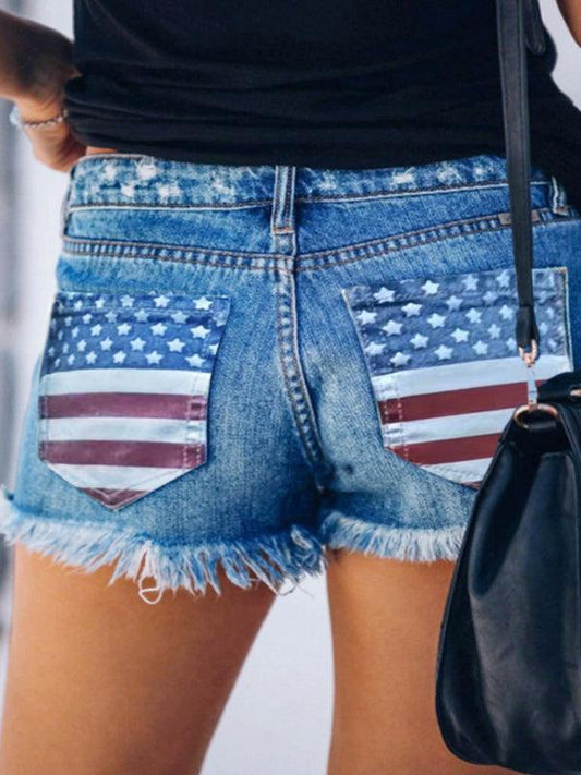 Women's Independence Day Flag Print Destroyed Denim Shorts Blue