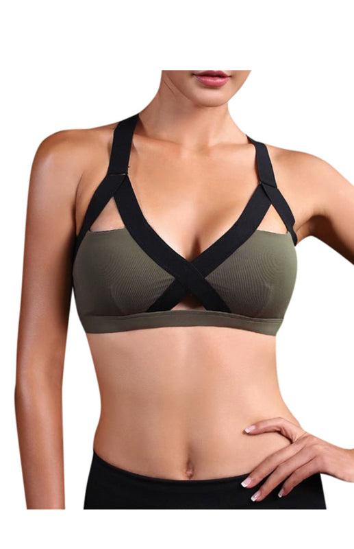 Color Contrast Sexy Cross Elastic Sports Bra Olive green