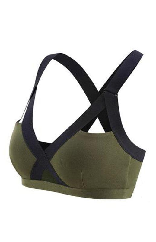 Color Contrast Sexy Cross Elastic Sports Bra Olive green