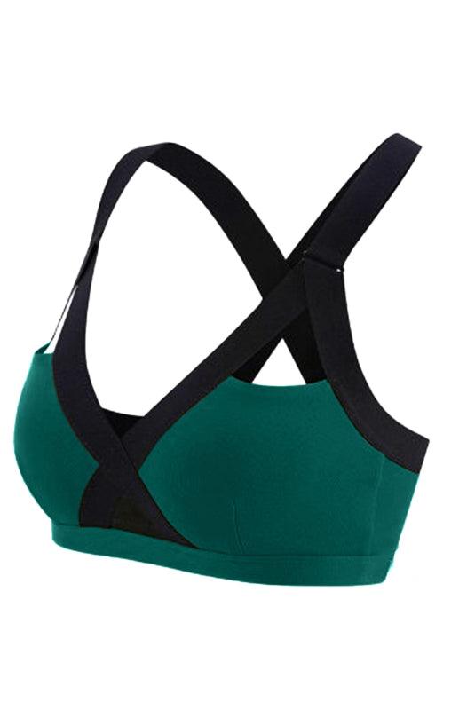 Color Contrast Sexy Cross Elastic Sports Bra Green black jasper