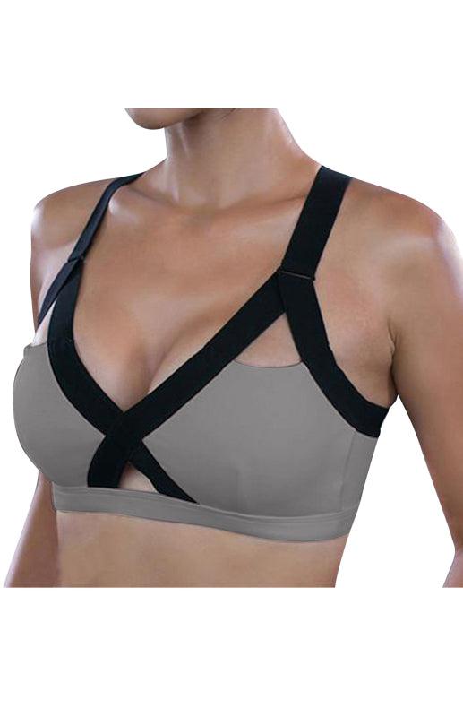 Color Contrast Sexy Cross Elastic Sports Bra Grey