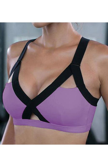 Color Contrast Sexy Cross Elastic Sports Bra Lavender