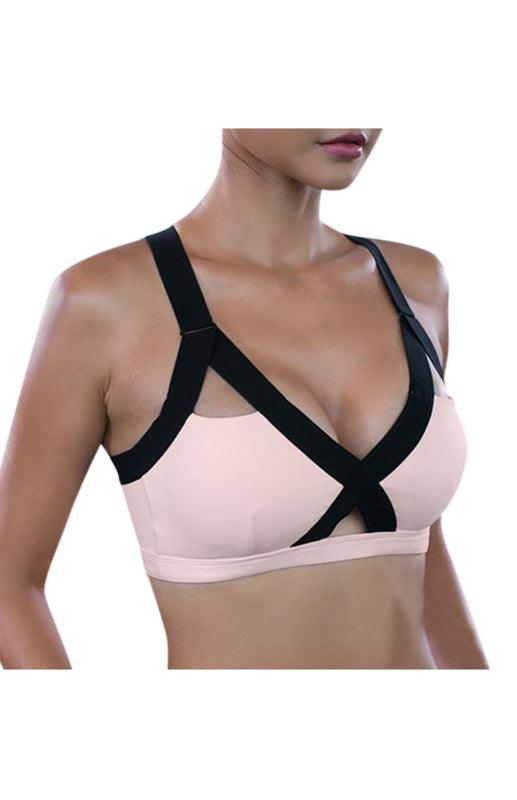 Color Contrast Sexy Cross Elastic Sports Bra Pink