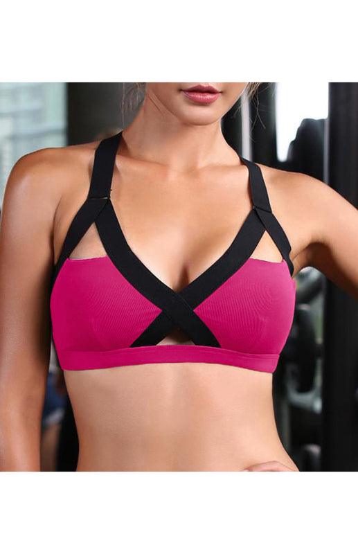 Color Contrast Sexy Cross Elastic Sports Bra Rose