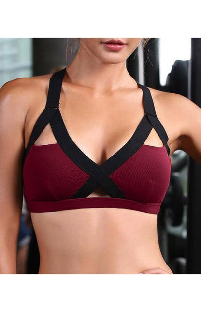 Color Contrast Sexy Cross Elastic Sports Bra Red