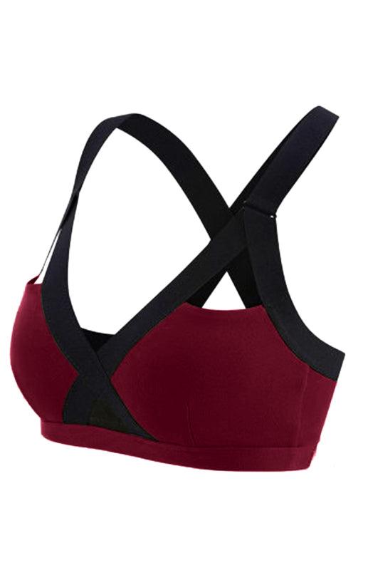 Color Contrast Sexy Cross Elastic Sports Bra Red