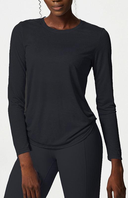 Women's Round Neck Curved Hem Long Sleeve Sports Top Quick Dry Breathable Yoga Cover Up Black