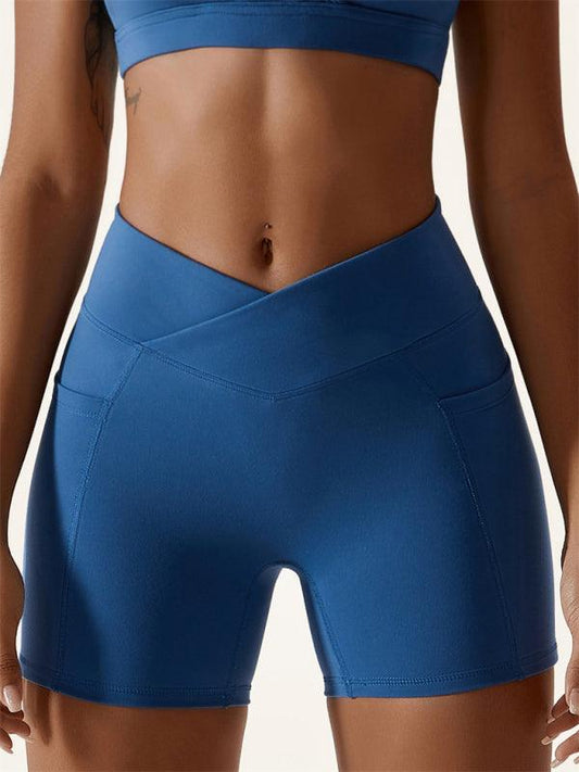 Women's Naked Hip Pocket Crossover Waist Leggings Sports Shorts Purplish blue navy