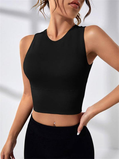 Women's Solid Color Open Back Round Neck Sleeveless Sports Tank Top Black