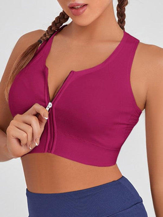 Women's Solid Color Front Zipper Shockproof Yoga Bra Tank Top Red