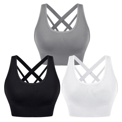 Women's Cross Strap Seamless Back Sports Bra Black+white+grey