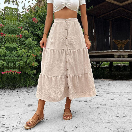 Women's Fashion Casual Skirt Solid Color Skirt Women's Mid Length Cracker khaki