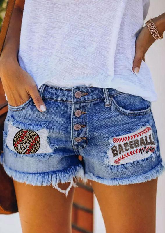 Button-breasted printed patch denim shorts with ripped fringed hot pants Sky blue azure